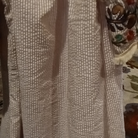 Grace & Emma brown/beige seersucker dress w embroidered & frayed cuffs & hem Sm - Picture 5 of 7